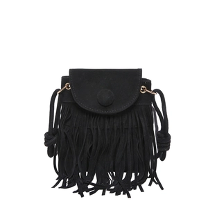 Retro black faux suede crossbody bag with long fringes and bohemian tassel accents