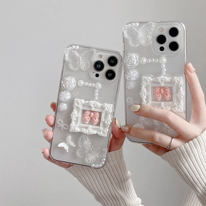 3D Butterfly Rose Artificial Pearl Frame Transparent Phone Case Shockproof Glitter TPU Soft Shell Vintage Sweet Floral For Women