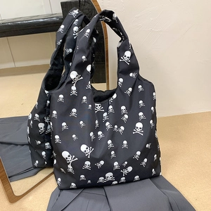 Fashionable skull print canvas tote bag with large capacity and street punk style for women