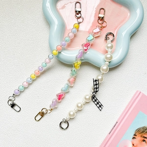 Phone Strap Lanyard Colorful Acrylic Beads Heart Imitation Artificial Pearl Houndstooth Bow Metal Clasp Anti-Drop For Women Girls
