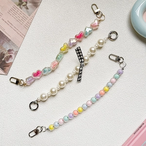 Colorful pearl heart beaded phone charm straps with houndstooth bow and metal lobster clasps