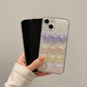 Coque iPhone pailletée avec étoiles 3D en résine colorée et protection de caméra