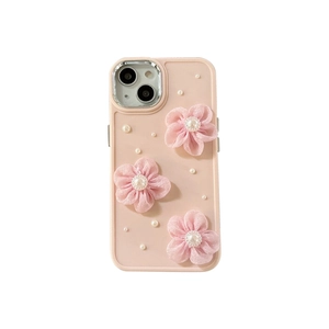 Funda rosa para iPhone con flores de encaje 3D y adornos de perlas para 16 Pro Max