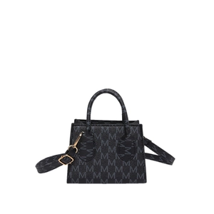 Chic black monogram mini trapezoid handbag with gold hardware and crossbody strap