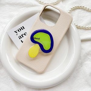 Creamy leather iPhone case featuring a cute 3D mushroom phone grip stand and bestwish text