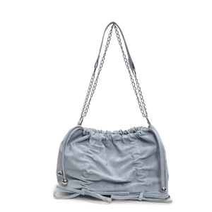 Light blue-grey pleated tote bag with silver chain strap and drawstring closure