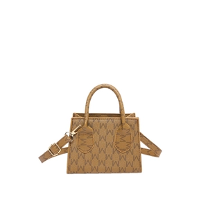 Mini brown crossbody handbag with retro M-letter pattern and gold metal buckles