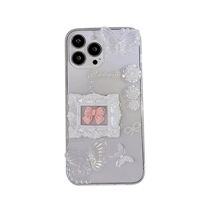 Transparent iPhone case with resin 3D butterflies, roses, pearls and floral frame detail
