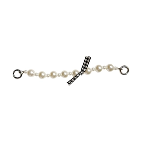 Elegant white faux pearl phone strap with houndstooth bow and silver metal spring clasps