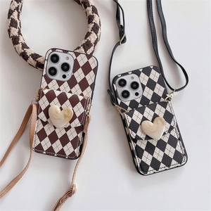 Checkered leather crossbody phone case for iPhone 16 Pro Max with heart coin purse
