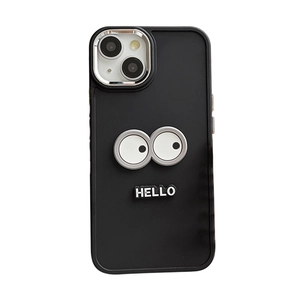 Black iPhone case with 3D cartoon eyes and Hello text, featuring a silver metal camera ring
