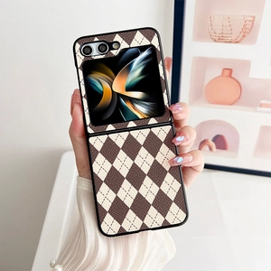 Detail of argyle leather folding phone case with precise camera cutouts for Z Flip models