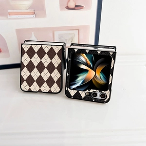 Detailed view of British argyle leather folding phone case for Samsung Galaxy Z Flip