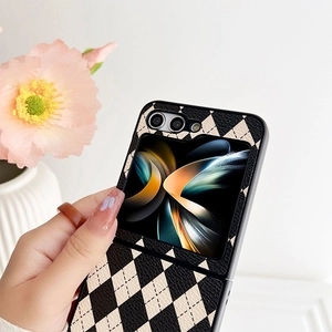 Close-up of black and white argyle leather phone case for Samsung Galaxy Z Flip series