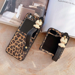 Leopard print folding phone case with wrist strap and bear charm for Z Flip 6