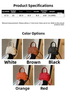 Size chart showing 2023 shell bag dimensions and five color options in quilted PU leather