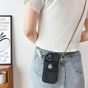 Quilted leather phone case for iPhone with crossbody chain pearl camellia and card slot