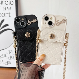 Quilted iPhone case with crossbody chain strap featuring a rose clasp and card holder
