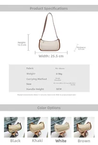 Size chart showing 25.5x12.5x8.5cm dimensions for the straw-woven shoulder bag