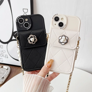 Leather iPhone case with chain strap, quilted card wallet and pearl camellia decor