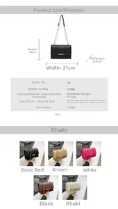Detailed size chart of the PU chain crossbody bag with dimensions and multi-color options