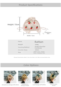 Detailed size specifications for strawberry embroidery straw bucket bag for summer