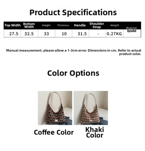 Size chart for large capacity shoulder tote bag showing dimensions and coffee khaki colors