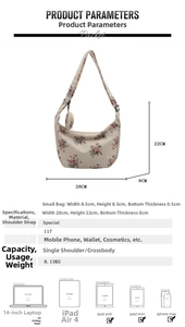 Size guide for corduroy floral crossbody bag with small pouch showing product dimensions