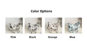 Detail showcasing four floral nylon shoulder bags in pink, black, orange, and blue options