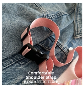 Détail d'une bandoulière en nylon rose avec boucle en plastique noir sur denim