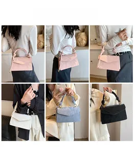 Collage of chic shoulder bag in pink, white, blue and black with knot handle detail