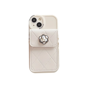 Quilted cream phone case for iPhone with camellia flower and pearl card holder