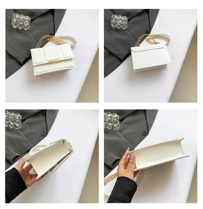 Detailed views of a white rectangular chain bag featuring vertical quilted texture and gold hardware