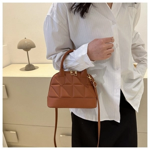 Brown shell bag with geometric embossed texture and top handle for women's fashion