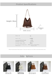 Detailed size chart and specifications for Bohemian fringe shoulder bag with PU leather