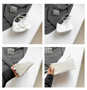Vue détaillée sous quatre angles du sac à bandoulière blanc avec nœud et cuir lisse