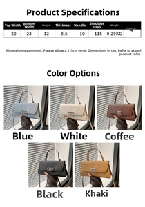 Size chart showing PU leather crossbody bag dimensions and five color variations