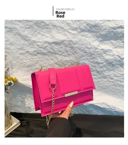 Detail of rose red square bag with gold metal plaque and chain strap held by hand