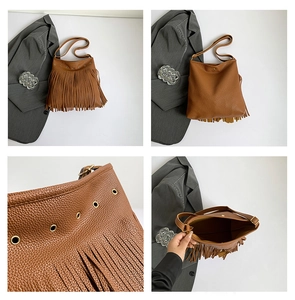 Detailed views of brown leather fringe shoulder bag with metal eyelets and textured finish