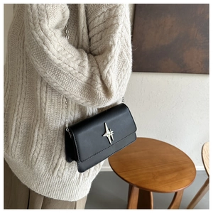 Détail du petit sac noir avec étoile argentée et bandoulière chaîne sur le mannequin
