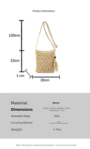 Detailed size chart for beige woven straw crossbody bag with tassels and dimensions