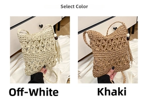 Detail of bohemian straw crossbody bags in off-white and khaki with tassels