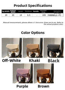 Size chart and dimensions guide for women's PU leather crossbody flap bag showing 5 colors