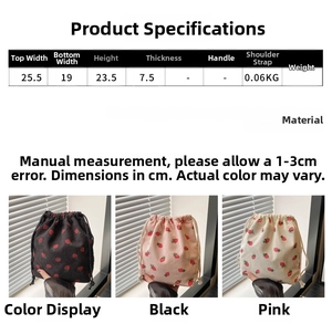 Detailed size specifications for corduroy strawberry bucket bag with dimensions and colors
