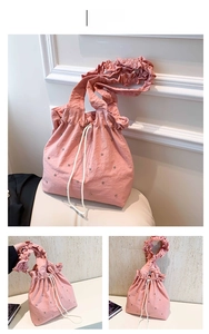 Detailed views of pink ballet-style tote bag with shiny studs and ruffled handle