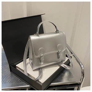 Close-up of silver metallic handbag with double buckles displayed in a gift box