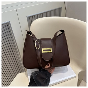 Detail of a dark brown shoulder bag with a gold rectangular buckle and smooth leather texture