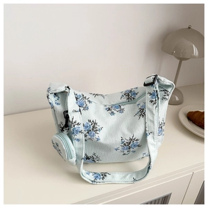 Sac bandoulière en velours côtelé fleuri avec mini porte-monnaie à motif de roses bleues