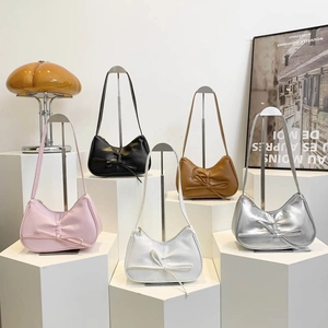 Sac À Épaule Plissé Avec Noeud Sac Croissant En Cuir PU Sac Sous Le Bras Chic Style Ballet Pour Femmes