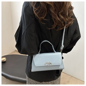 Detail of light blue leather handbag showing unique semi-circular metal buckle and logo